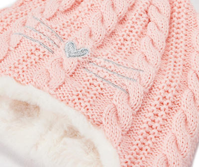 Pink Kitty Cable-Knit Earflap Beanie & Mittens Set
