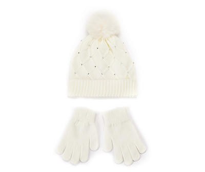 Ivory Rhinestone Diamond-Knit Beanie & Gloves Set