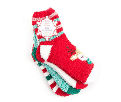 Red & Green Reindeer 4-Pair Cozy Socks Set