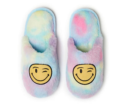 Women's M Blue & Pink Wink Emoji Tie-Dye Faux Fur Slippers