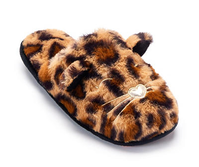 Women's M Brown Leopard Cat Faux Fur Slippers