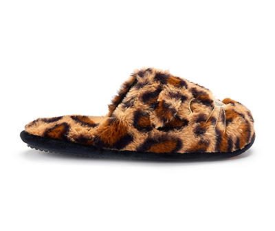 Women's L Brown Leopard Cat Faux Fur Slippers