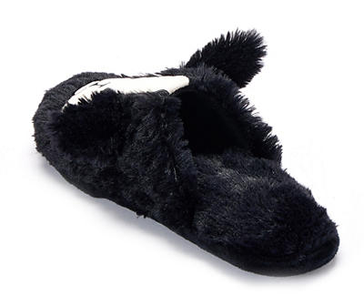 Women's S Black & White Dog Faux Fur Slippers