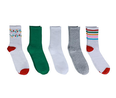 Merry Vibes Embroidered 5-Pair Ribbed Crew Socks Set