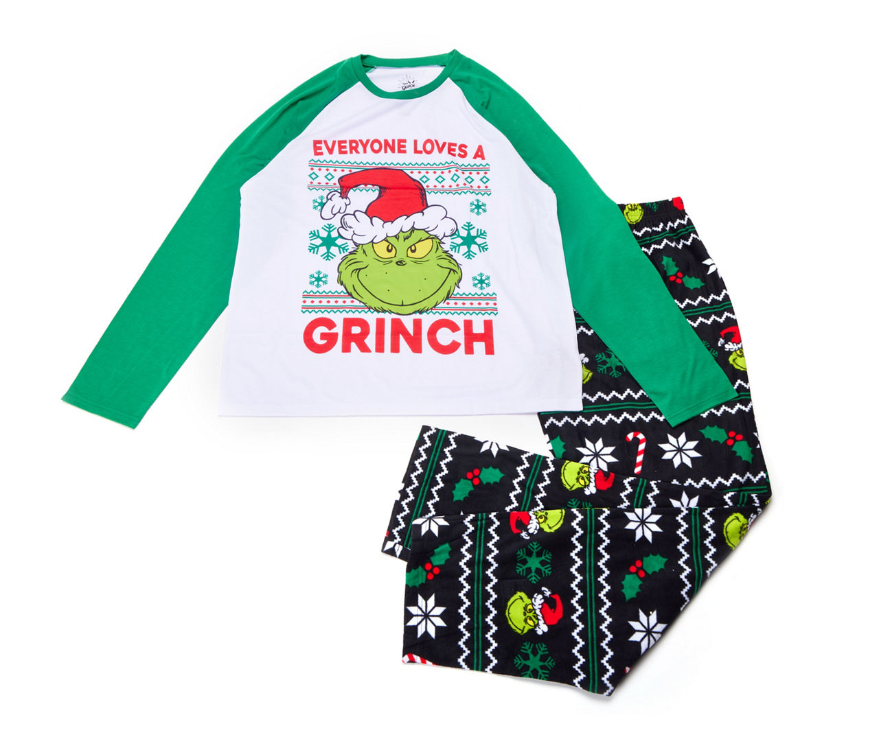 Women s Size S The Grinch Loves Green White Fair Isle 2 Piece Pajama Set