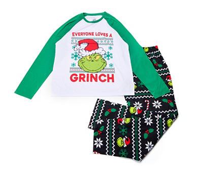 Women's Size L The Grinch "Loves" Green & White Fair Isle 2-Piece Pajama Set