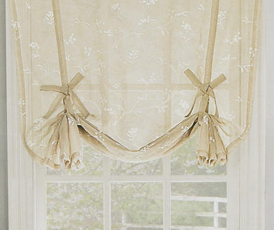 Meribel Taupe & White Embroidered Floral Tie-Up Rod Pocket Curtain Panel, (63")