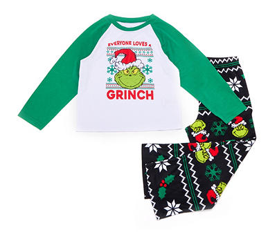 Kids' Size 4 The Grinch "Loves" Green & White Fair Isle 2-Piece Pajama Set