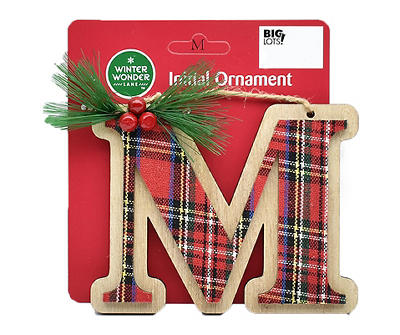 "M" Monogram Plaid & Greenery Ornament