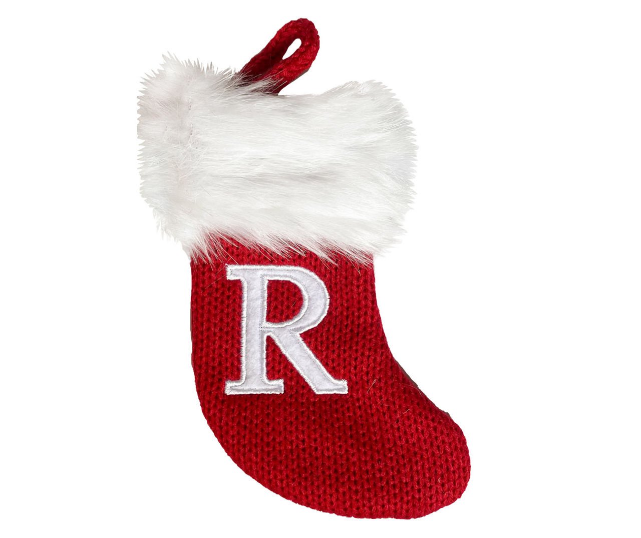 Winter Wonder Lane R Monogram Red Knit Mini Stocking With White Fur Cuff Big Lots 4802