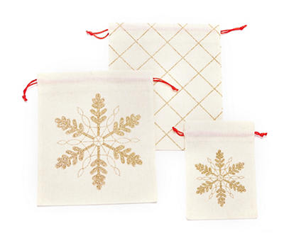 Gold Glitter Snowflake & Diamond 3-Piece Drawstring Gift Bag Set