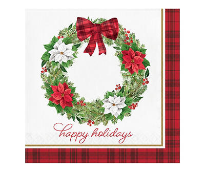 "Happy Holidays" Poinsettia & Berry Wreath Paper Lunch Napkins, 30-Pack