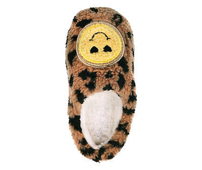 Kids' M Brown & Yellow Leopard Smiley Face Scuff Slipper
