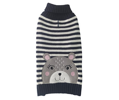 Pet Medium Navy & White Stripe Bear Patch Sweater