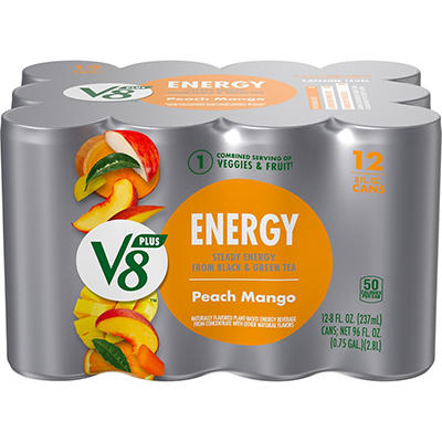 V8 +ENERGY Peach Mango Energy Drink, 8 FL OZ Can (Pack of 12)