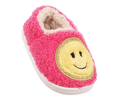 Toddler M Bright Pink Smiley Face Sherpa Slippers