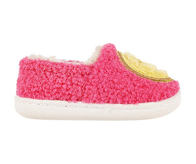 Toddler M Bright Pink Smiley Face Sherpa Slippers