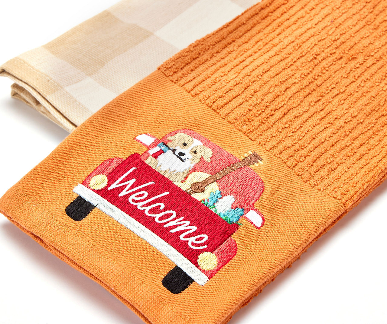 Sunburn Orange & Tan Dog Truck 2-Piece Kitchen Towel Set
