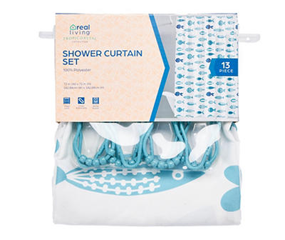 Tropicoastal White & Blue Fish 13-Piece Shower Curtain Set