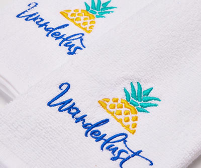 Tropicoastal "Wanderlust" White Pineapple Emroidered Hand Towels, 2-Pack