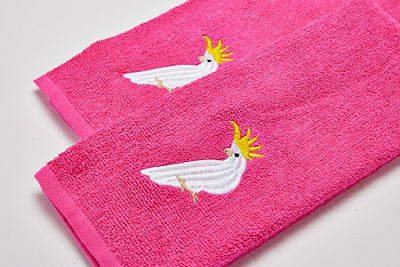 Tropicoastal Fuschia Cockatoo Emroidered Hand Towels, 2-Pack