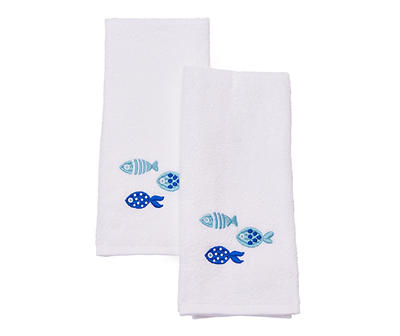 Tropicoastal White Fish Trio Emroidered Hand Towels, 2-Pack