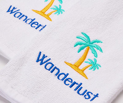 Tropicoastal "Wanderlust" White Palm Trees Emroidered Hand Towels, 2-Pack