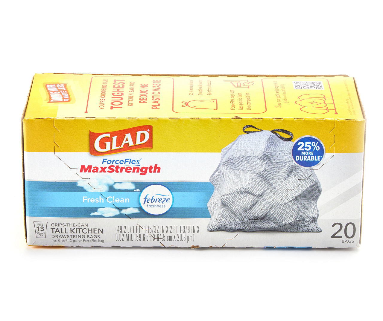 Glad Force Flex Plus 13 Gallon Drawstring Tall Fresh Clean Kitchen Bags 68  Ea, Trash Bags
