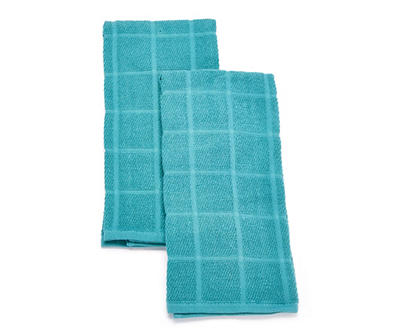 Teal Grid-Texture Cotton Kitchen Towels, 2-Pack
