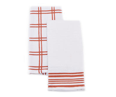 White & Rust Plaid & Stripe Cotton Kitchen Towels, 2-Pack