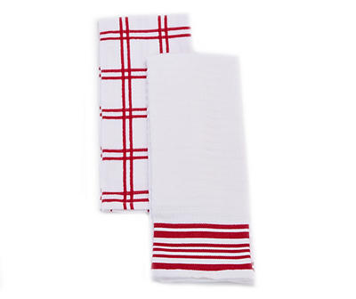 White & Red Plaid & Stripe Cotton Kitchen Towels, 2-Pack