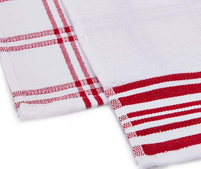 White & Red Plaid & Stripe Cotton Kitchen Towels, 2-Pack
