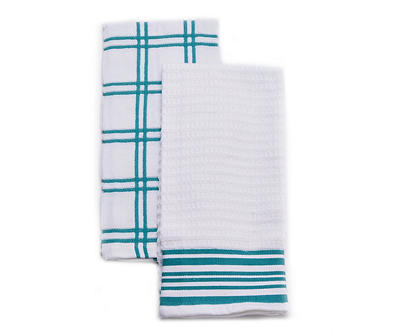 White & Teal Plaid & Stripe Cotton Kitchen Towels, 2-Pack