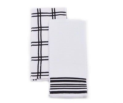 White & Black Plaid & Stripe Cotton Kitchen Towels, 2-Pack