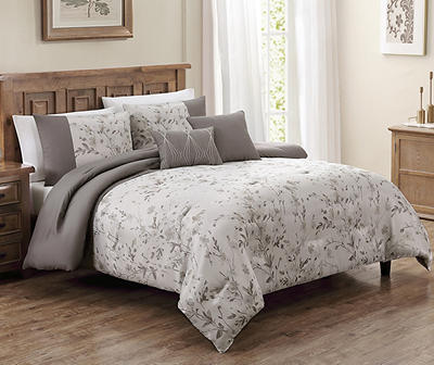 Coogan Gray & White Leaf Print Queen 5-Piece Comforter Set