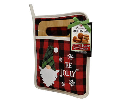 "Be Jolly" Potholder, Cutting Board & Cinnamon Muffin Mix Set