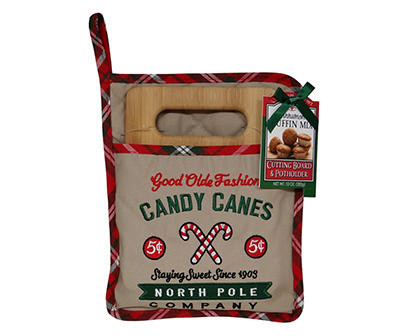"Good Olde Fashioned Candy Canes" Potholder, Cutting Board & Cinnamon Muffin Mix Set