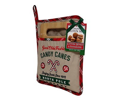 "Good Olde Fashioned Candy Canes" Potholder, Cutting Board & Cinnamon Muffin Mix Set