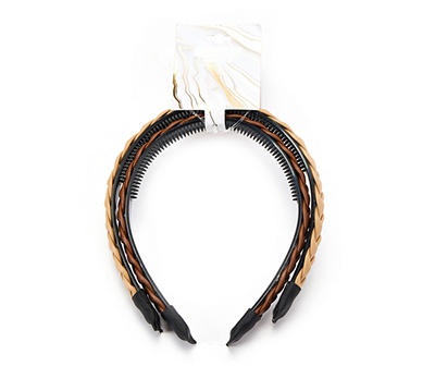 Brown & Tan 2-Piece Braided Faux Leather Headband Set