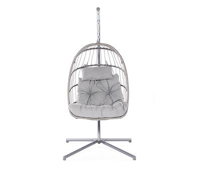 Gray Rope & Wicker Cushioned Hanging Patio Egg Chair