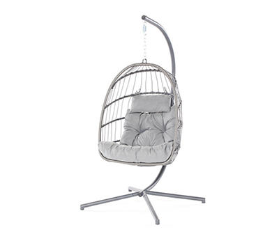 Gray Rope & Wicker Cushioned Hanging Patio Egg Chair