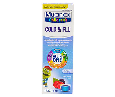 Mucinex Children’s Cold & Flu All in One, Multi-Symptom Relief, Pain Reliever, Cough Suppressant, Expectorant, Nasal Decongestant, Very Berry Flavor, 4 FL OZ