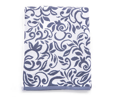 Denim Blue Scrollwork Floral Performance Bath Towel