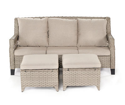 Bancroft 3-Piece Wicker Cushioned Patio Sofa & Ottoman Set with Tan Cushions