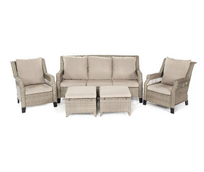 Bancroft 3-Piece Wicker Cushioned Patio Sofa & Ottoman Set with Tan Cushions