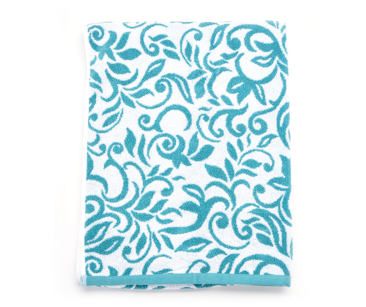 Dark Aqua Scrollwork Floral Performance Bath Towel