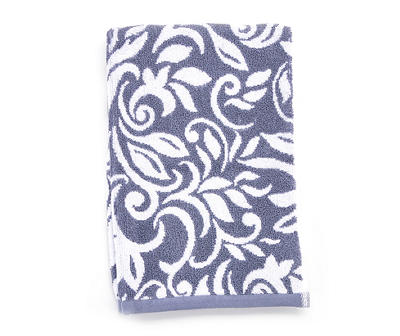 Denim Blue Scrollwork Floral Performance Hand Towel