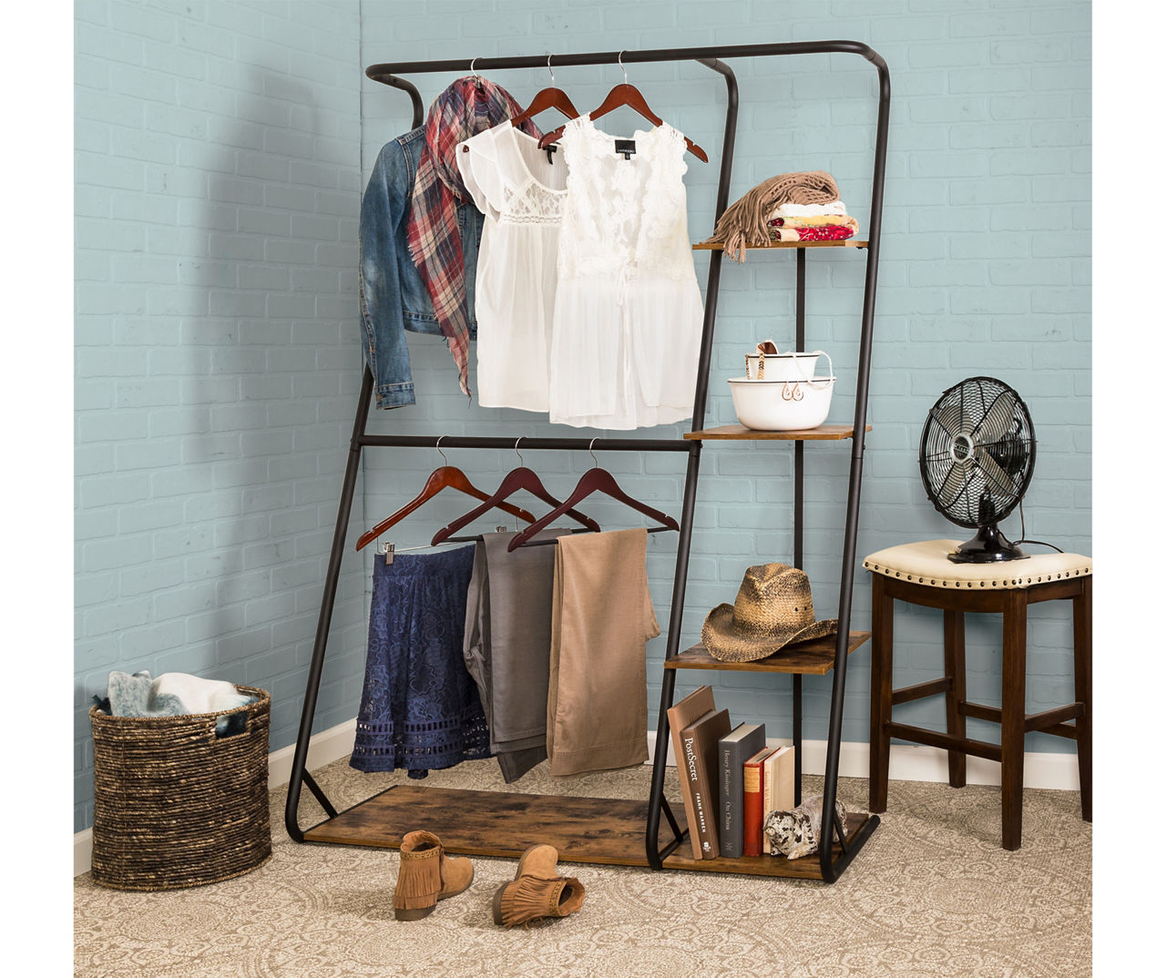 Black & Brown Z-Frame Double-Rod Freestanding Closet With Shelves