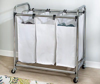 White & Chrome Heavy Duty Triple Laundry Sorter