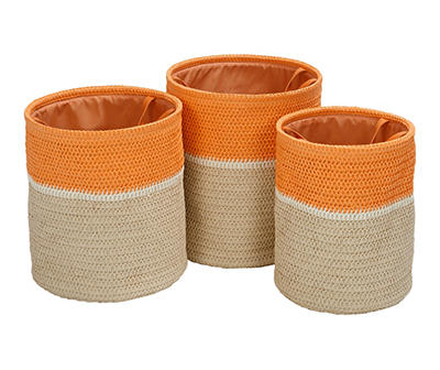 Natural & Orange 3-Piece Paper Straw Nesting Storage Basket Set